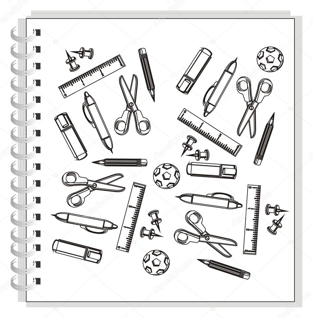 Disegni da colorare caoticamente posto un sacco di forniture per ufficio sul notebook — Foto di tatty77tatty