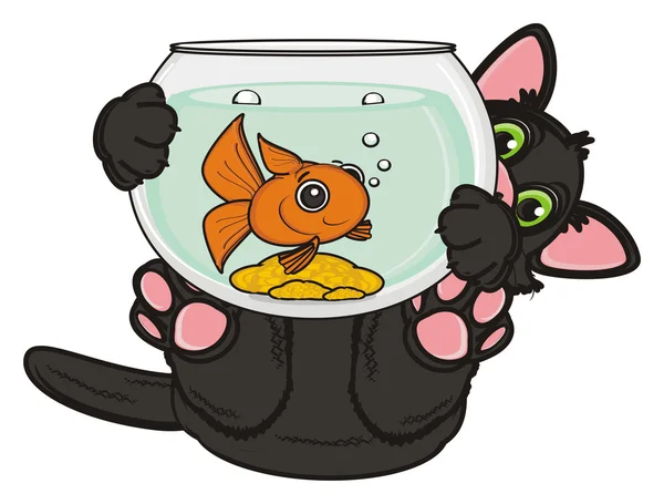 Gato segurar um aquário com peixe — Fotografia de Stock