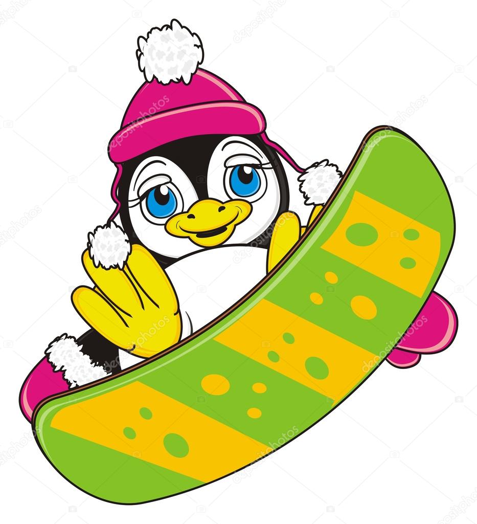penguin on the snowboard