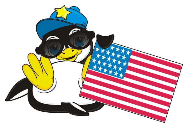 Pingwin przytrzymaj amerykańską flagę — Zdjęcie stockowe