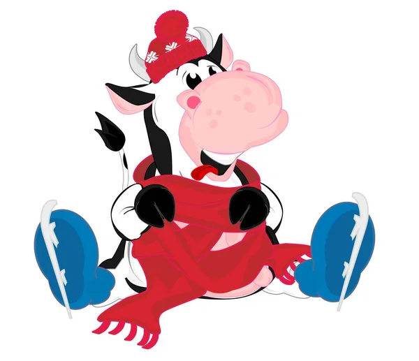 Drôle Grosse Vache Hiver Avec Écharpe Rouge — Photo