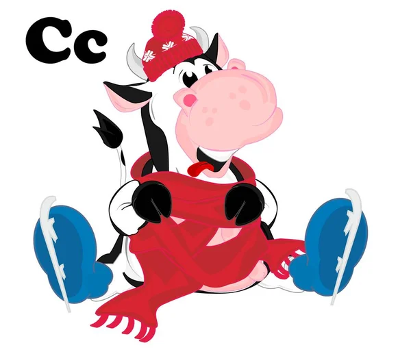 有字母C的滑稽肥大冬季奶牛 — 图库照片