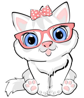 Pembe gözlüklü sevimli beyaz kedi.