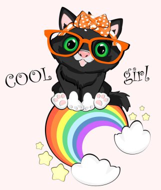 Sevimli siyah kedi renkli gökkuşağında