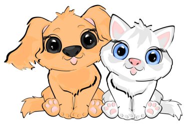 Kedi ve köpek birlikte otururlar.