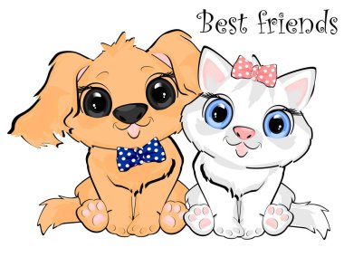 Kedi ve köpek birlikte otururlar.