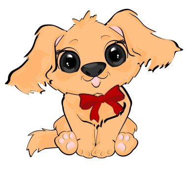 Kırmızı fiyonklu şirin bir köpek yavrusu.