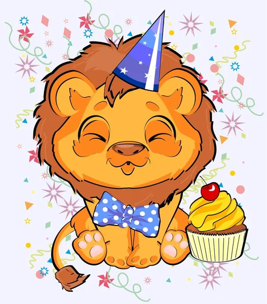 Löwe Und Geburtstagsparty Mit Kuchen — Stockfoto