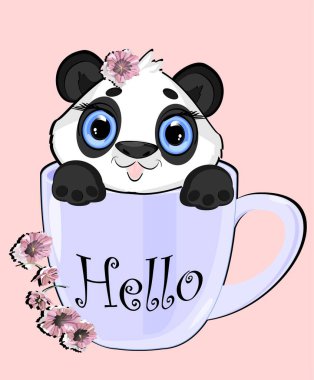 Fincanda çiçekler olan panda