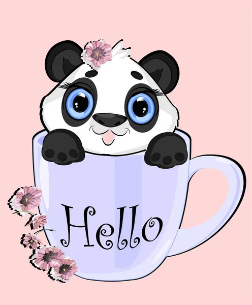 Panda Virágokkal Csészében — Stock Fotó