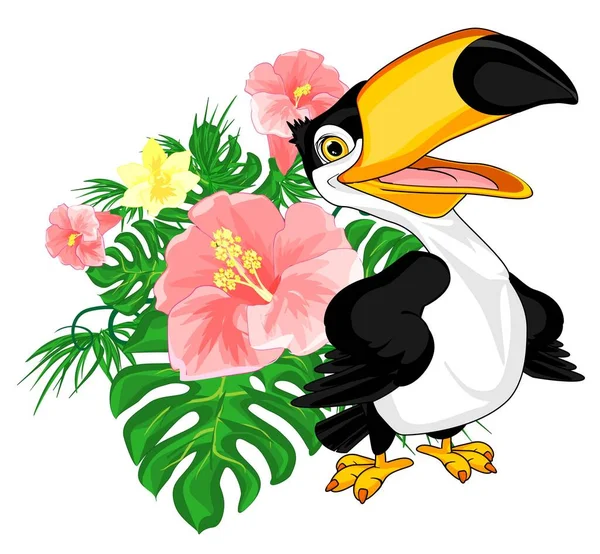 Cute Toucan Cartoon Tropical Flowers — Fotografia de Stock