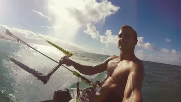 Young Man Kitesurfing in Ocean — Stock Video