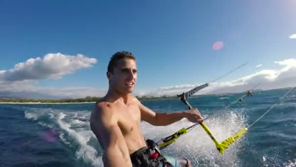 Young Man Kitesurfing in Ocean — Stock Video