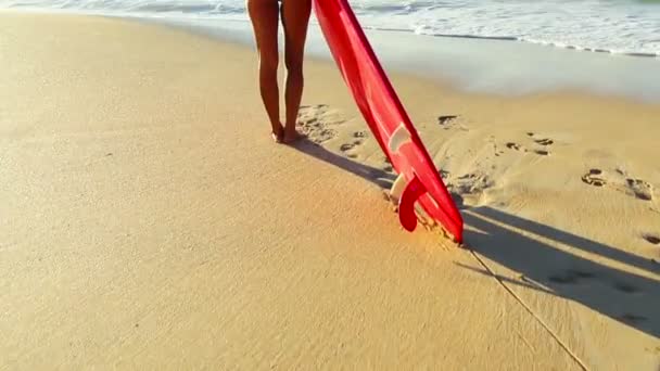 Schöne attraktive junge hawaiianische Mädchen am Strand mit Surfbrett — Stockvideo