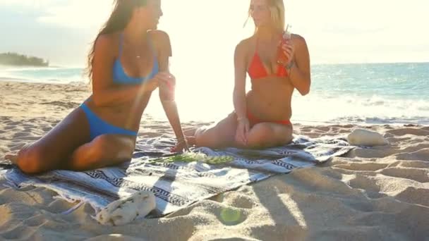 Beautiful Attractive Mixed Race Young Women in Bikinis at the Beach. — Stock Video