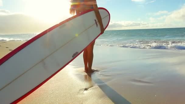 Молодая гавайская девушка на пляже с доской для серфинга — стоковое видео