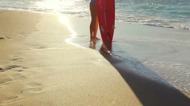 Menina bonita atraente na praia com prancha de surf — Vídeo de Stock