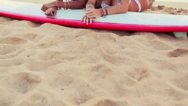 Gyönyörű vonzó fiatal nők feküdni a strandon — Stock videók