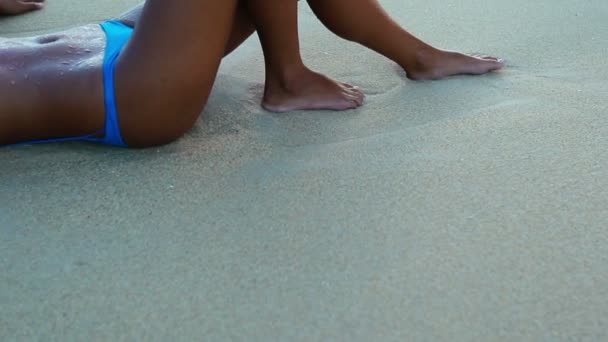 Beautiful Attractive Young Woman in Blue Bikini on the Beach — Stock Video