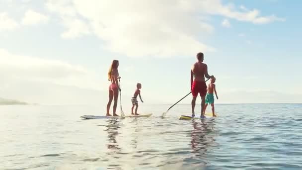 Familia feliz se levanta remando en Hawaii . — Vídeo de stock