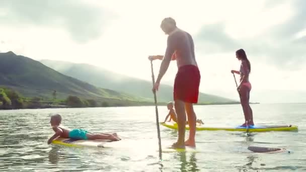 Glad familj Stand Up Paddling i Hawaii. — Stockvideo