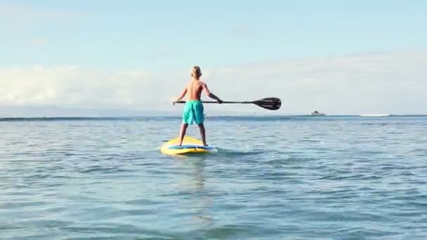 Joven rubia surfista chico de pie remando . — Vídeos de Stock
