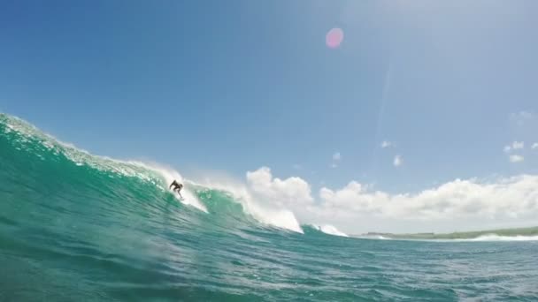 Surfista en Blue Ocean Wave cayendo y obteniendo barriles — Vídeo de stock