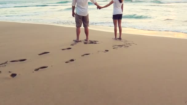 ハワイのビーチの新婚旅行のすばらしい夕日を見て手を繋いでいるかわいい若いカップル — ストック動画