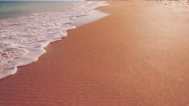 Slow Smooth Steadicam Motion Revealing White Sandy Beach. Paisaje escénico oceánico. Ondas rodando y estrellándose . — Vídeos de Stock