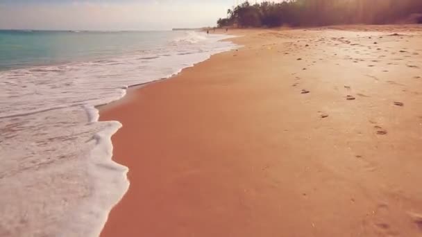 Die langsame, sanfte Bewegung der Schwebebahn offenbart den weißen Sandstrand. Meer landschaftliche Landschaft. Wellen rollen und krachen. — Stockvideo