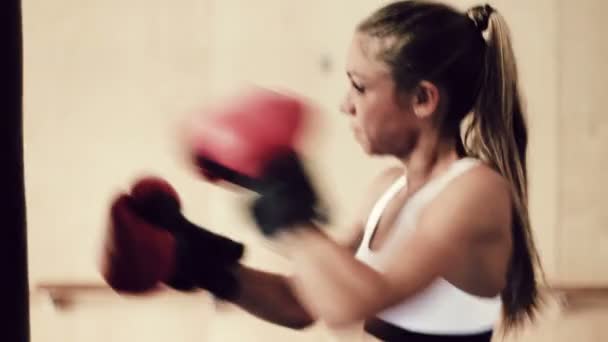 Hermosa joven atleta Ejercicio para la defensa personal con guantes de boxeo y bolsa de cuerpo. Filtro Instagram . — Vídeos de Stock