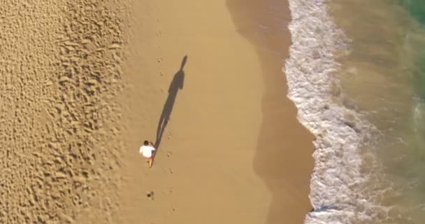 4K aérea tiro de jovem ajuste atlético homem correndo na praia — Vídeo de Stock