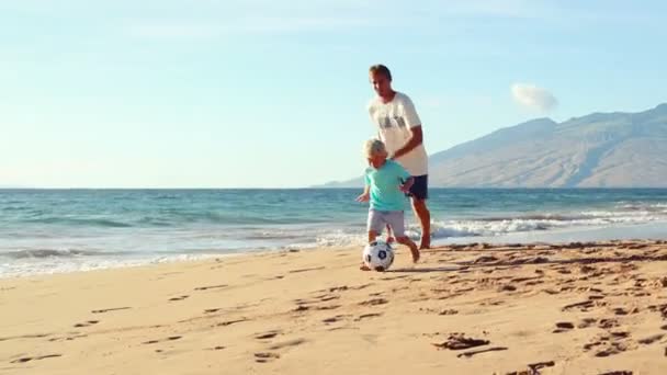 Vader en zoon spelen samen op het strand bij zonsondergang. — Stockvideo