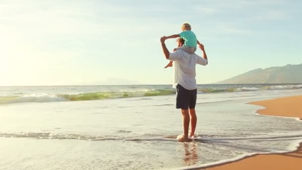 Ojciec i syn razem gra na plaży o zachodzie słońca. — Wideo stockowe