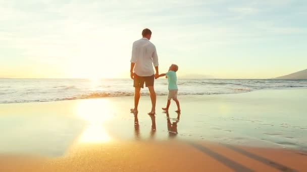 Батько і син, ходьба, тримаючись за руки, граючи разом на пляжі на заході сонця. — стокове відео