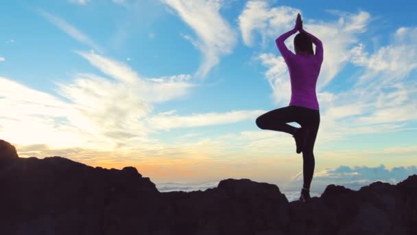 Junge Frau in Yoga-Pose auf dem Gipfel des Berges. Die Spitze erreicht. — Stockvideo