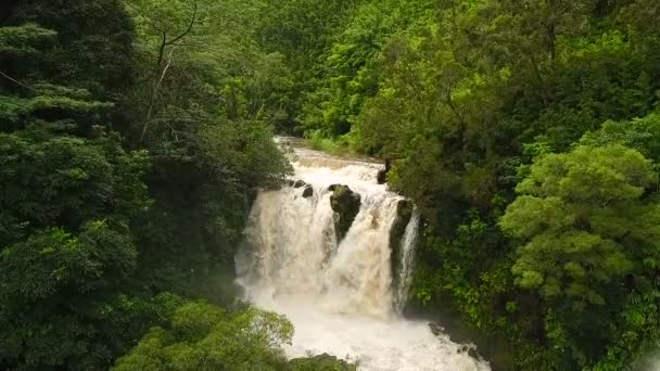 Luchtfoto van verbazingwekkende krachtige waterval in tropische Jungle. Slow Motion — Stockvideo