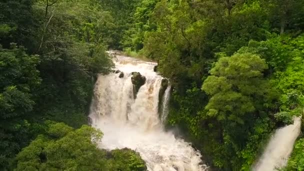 Letecký pohled na úžasnou mohutný vodopád v tropické džungli. — Stock video
