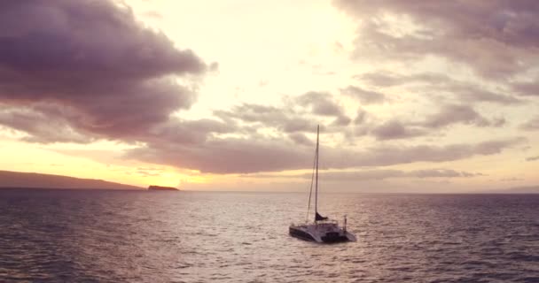 In den Sonnenuntergang segeln. Luftbild fliegt über Segelboot — Stockvideo