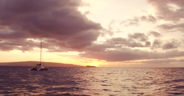 Naviguant vers le coucher du soleil. Vue Aérienne Survolant Le Bateau à Voile — Video