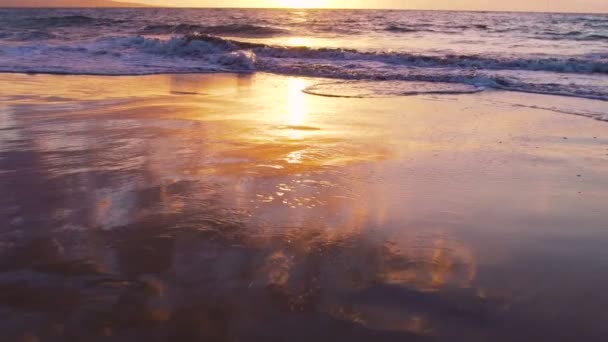 Dramatische zonsondergang strand over Oceaan Slow Motion golven breken — Stockvideo