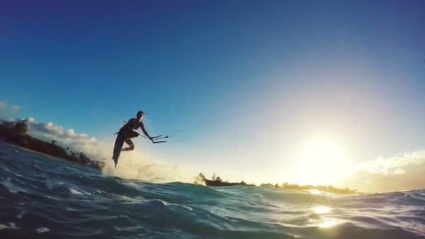Extreme Kitesurfing Girl at Sunset. Summer Ocean Sport in Slow Motion. — Stock Video