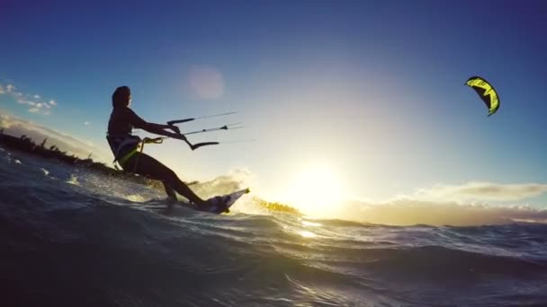 Extreme Kitesurfing Girl at Sunset. Summer Ocean Sport in Slow Motion. — Stock Video