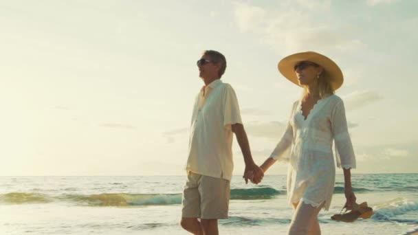 Закатная прогулка по роскошному пляжу. Пара пожилых людей держит руки и гуляет по пляжу на закате, моча ноги — стоковое видео
