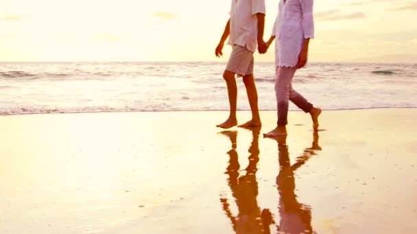 Coppia più anziana tiene le mani e cammina lungo la spiaggia al tramonto Ottenere i piedi bagnati. Rallentatore — Video Stock