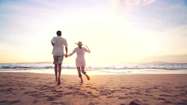 Emeryturę wakacje na luksusowy tropikalny plaży o zachodzie słońca. Starsze pary trzyma ręce coraz ich nogi mokre — Wideo stockowe