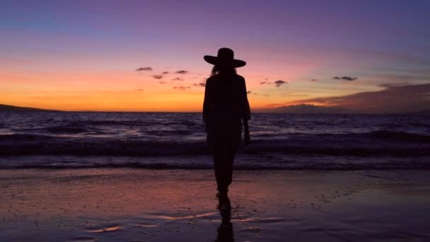 Pensioen tropische vakantie. Sillhouette vrouw tegen levendige zonsondergang. Slow Motion golven oprollen tropische luxe Beach. — Stockvideo