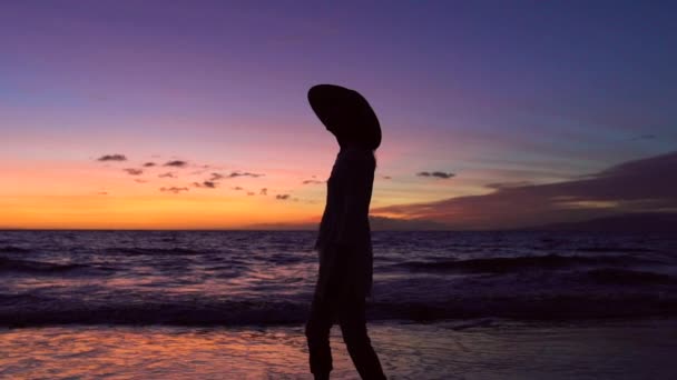 Jubilación Vacaciones tropicales. Sillhouette Woman Against Vibrant Sunset (en inglés). Ondas de cámara lenta enrollándose en la playa de lujo tropical . — Vídeos de Stock