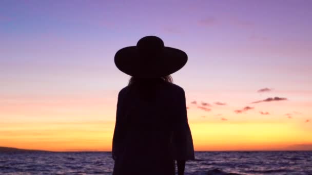 Sillhouette vrouw tegen levendige zonsondergang. — Stockvideo