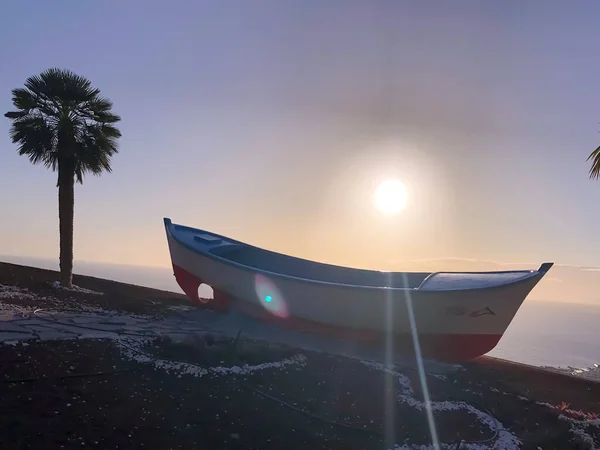 日没のボートとヤシの木。テネリフェ島。ロス・ギガンテス — ストック写真